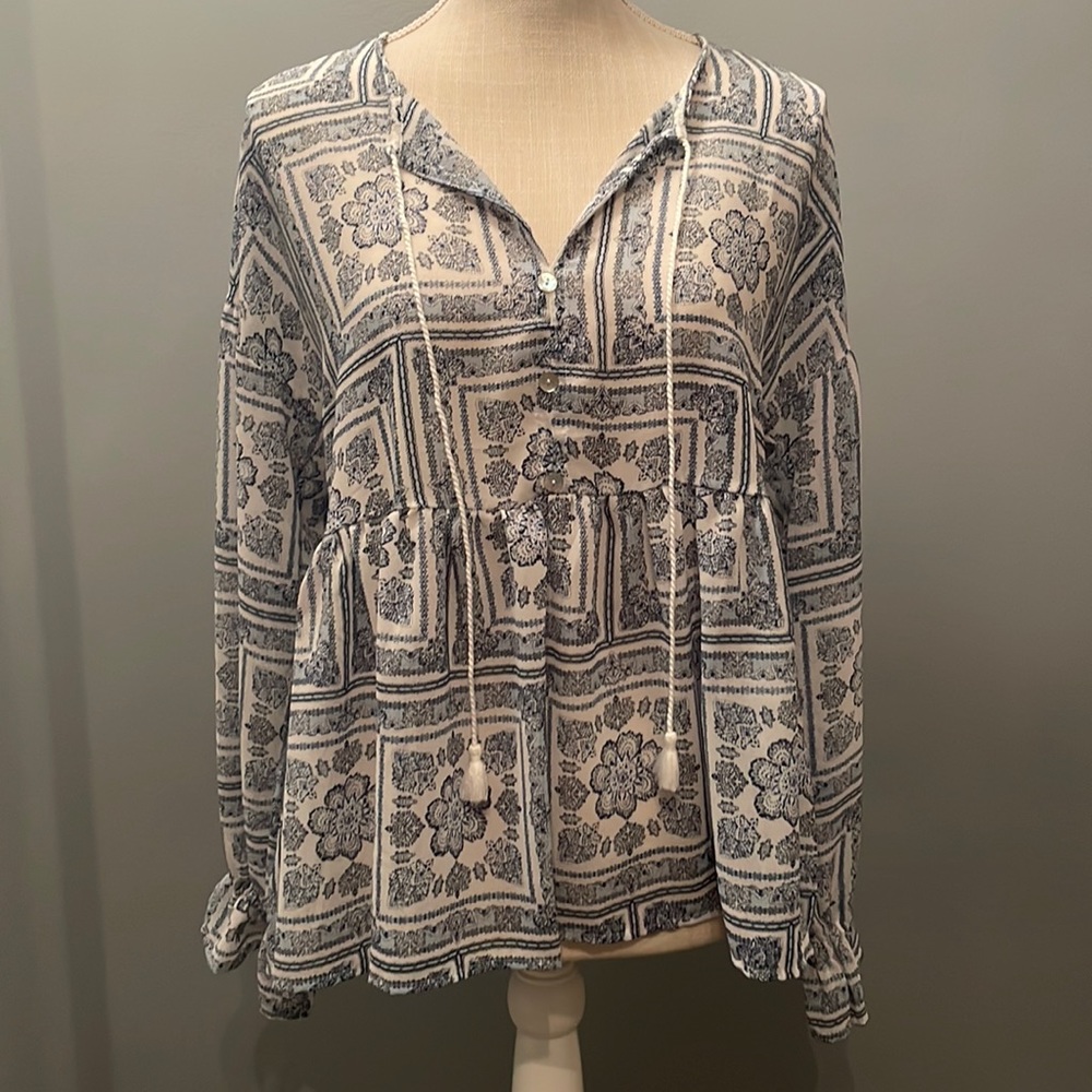 Blu Pepper Boho Blue Argyle Pheasant Blouse Cottage Tassel Top Women’s Medium